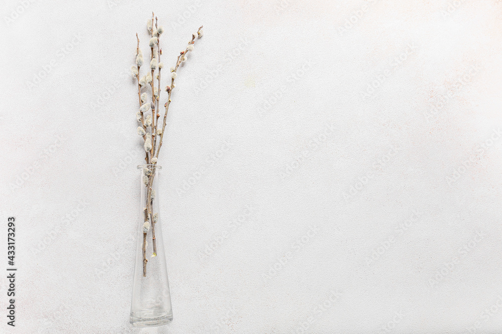 Vase with willow branches on light background