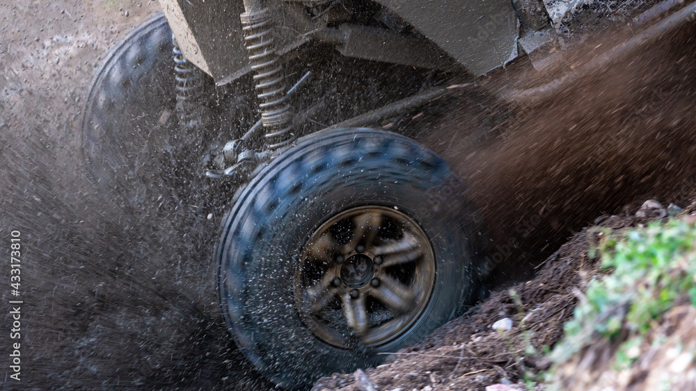 Motion the wheels tires off road water and mud splash, 4x4 or 4WD car with wheels in mud off road, C