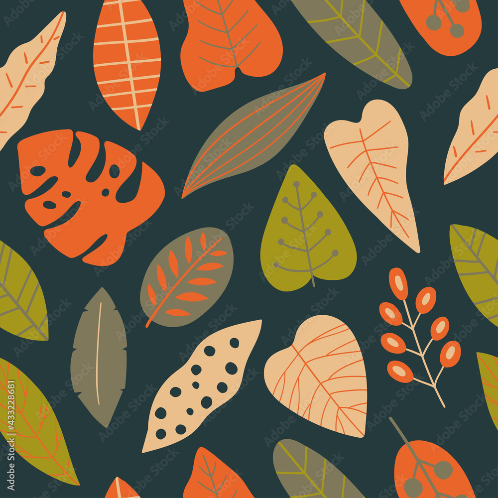 Seamless vector pattern with tropical leaves. Tropical, exotic plant drawing. Botanical wrapping pap