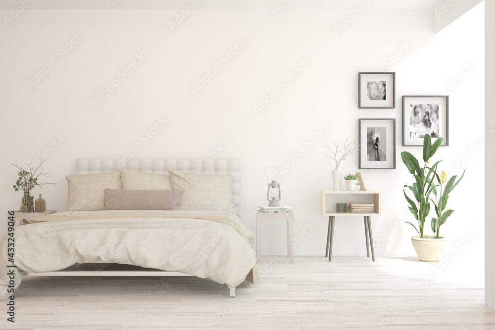 Soft color bedroom interior. Scandinavian design. 3D illustration