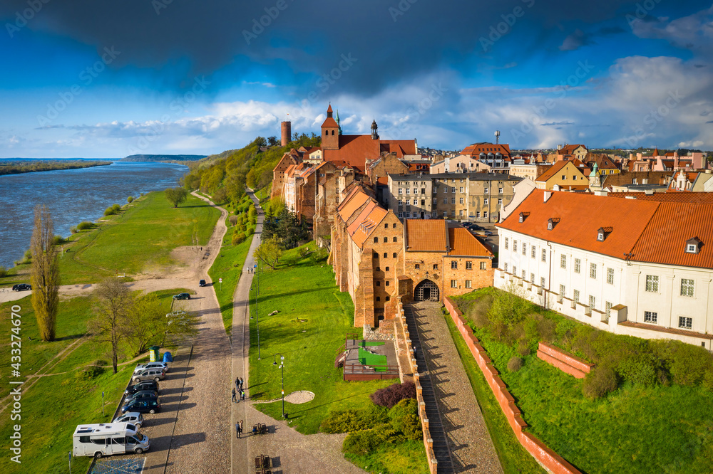 Grudziądz city over the Vistula River in the afternoon sun. Poland