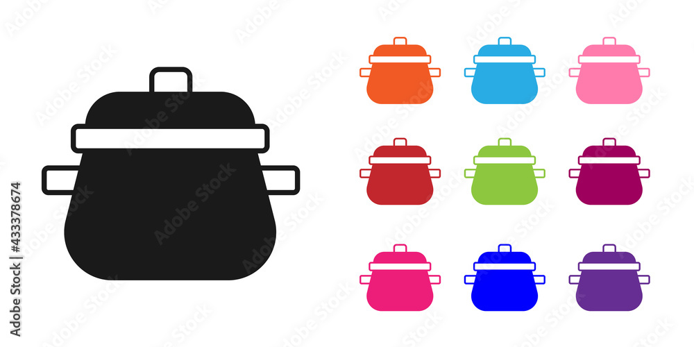 Black Cooking pot icon isolated on white background. Boil or stew food symbol. Set icons colorful. V