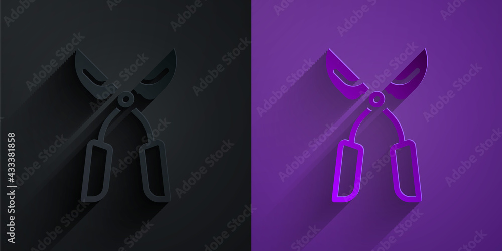 Paper cut Gardening handmade scissors for trimming icon isolated on black on purple background. Prun