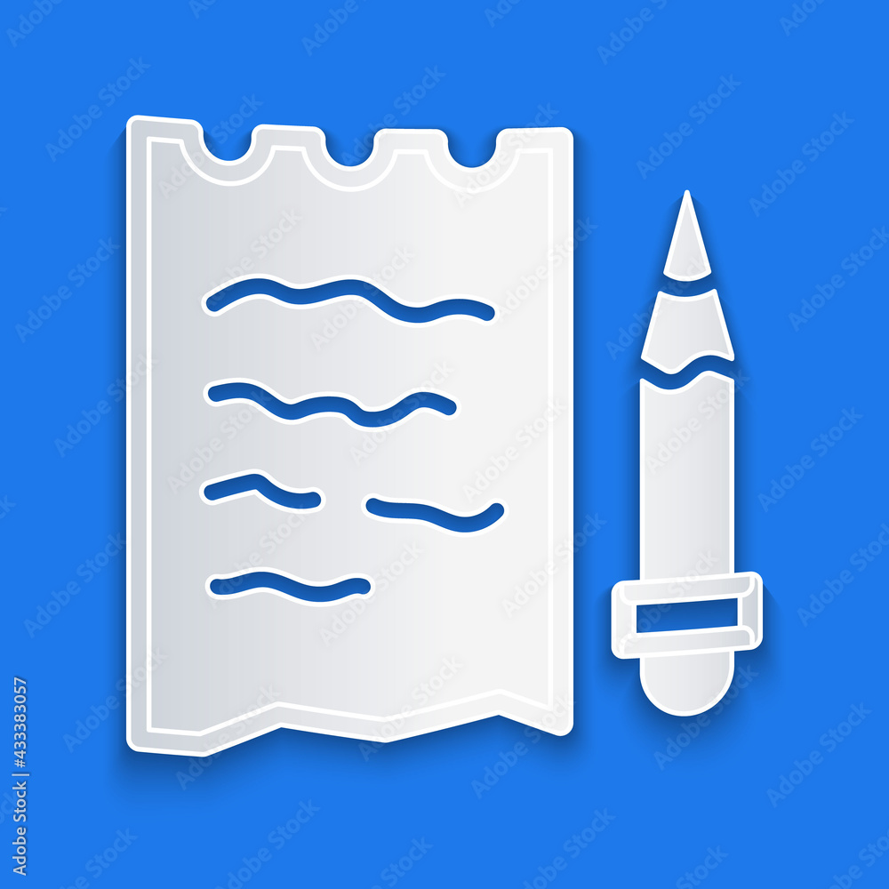 Paper cut Shopping list and pencil icon isolated on blue background. Paper art style. Vector