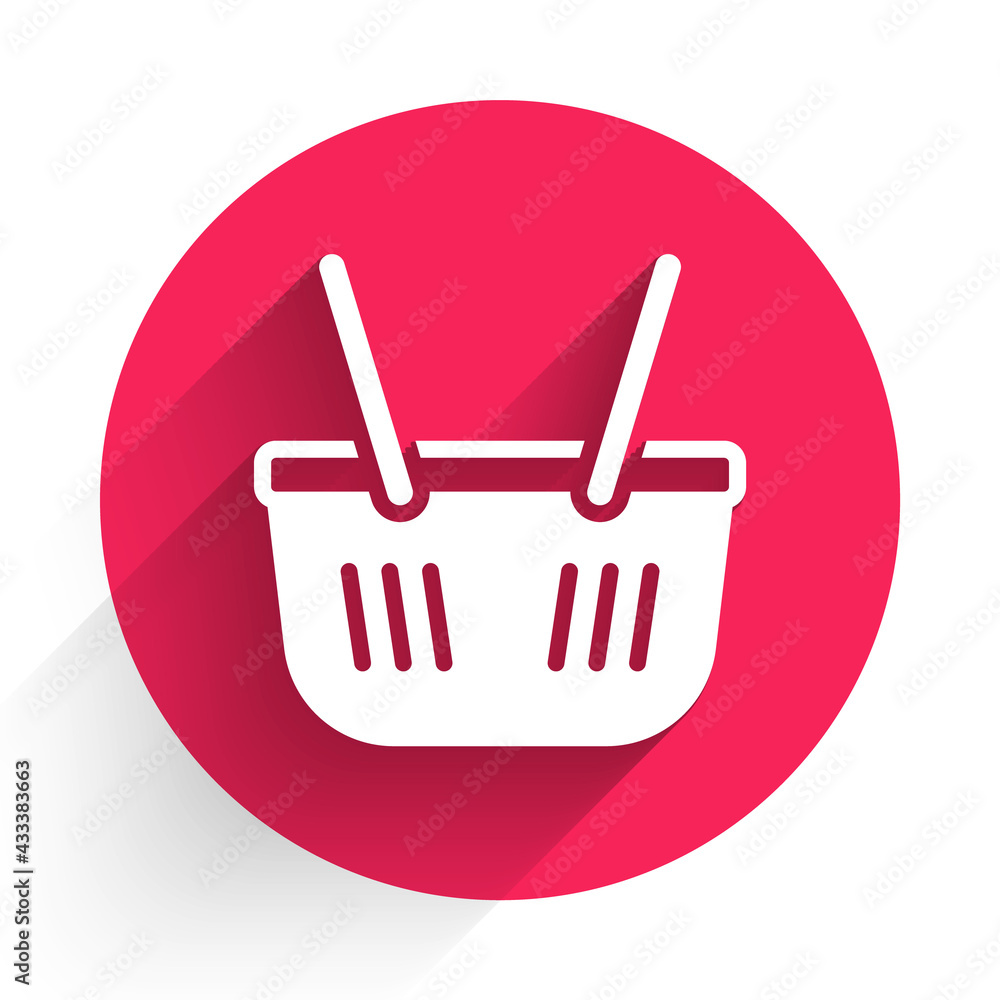 White Shopping basket icon isolated with long shadow. Online buying concept. Delivery service sign. 