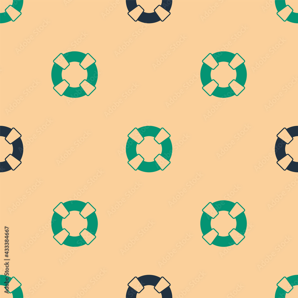 Green and black Lifebuoy icon isolated seamless pattern on beige background. Lifebelt symbol. Vector