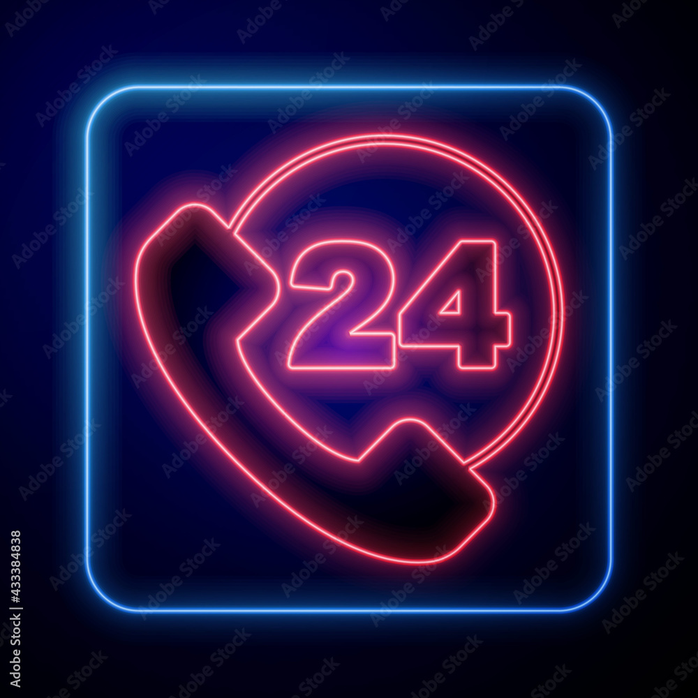 Glowing neon Telephone 24 hours support icon isolated on black background. All-day customer support 