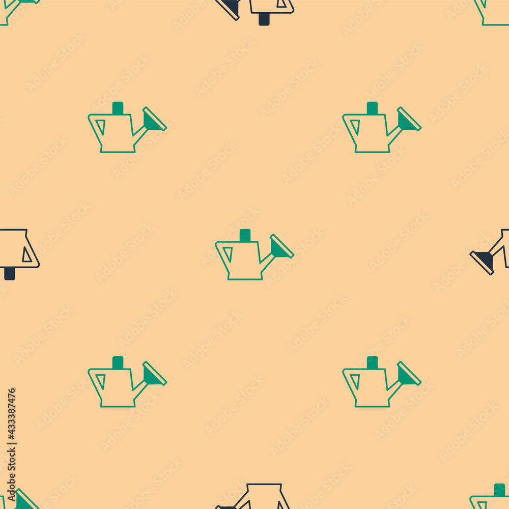 Green and black Watering can icon isolated seamless pattern on beige background. Irrigation symbol. 