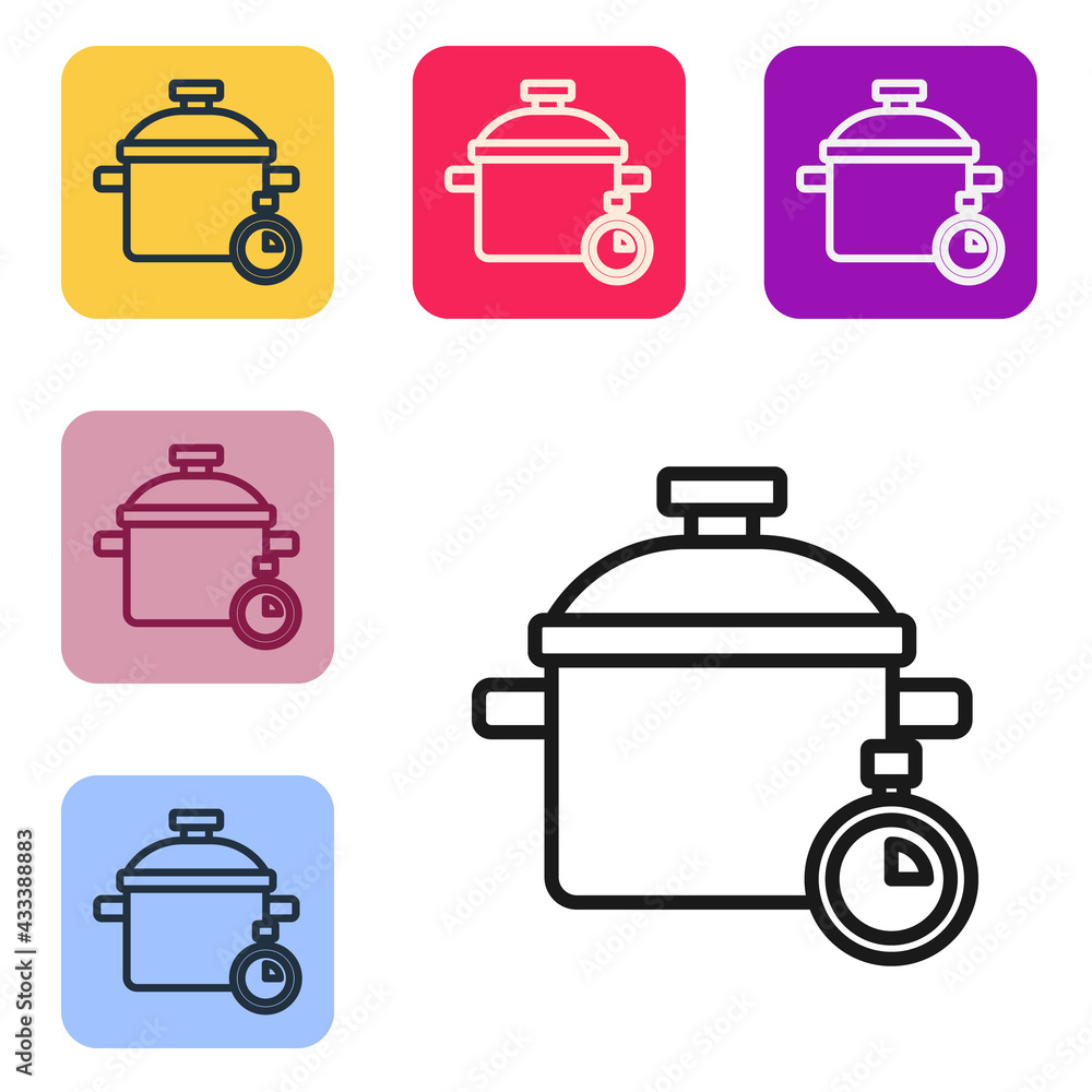 Black line Cooking pot icon isolated on white background. Boil or stew food symbol. Set icons in col