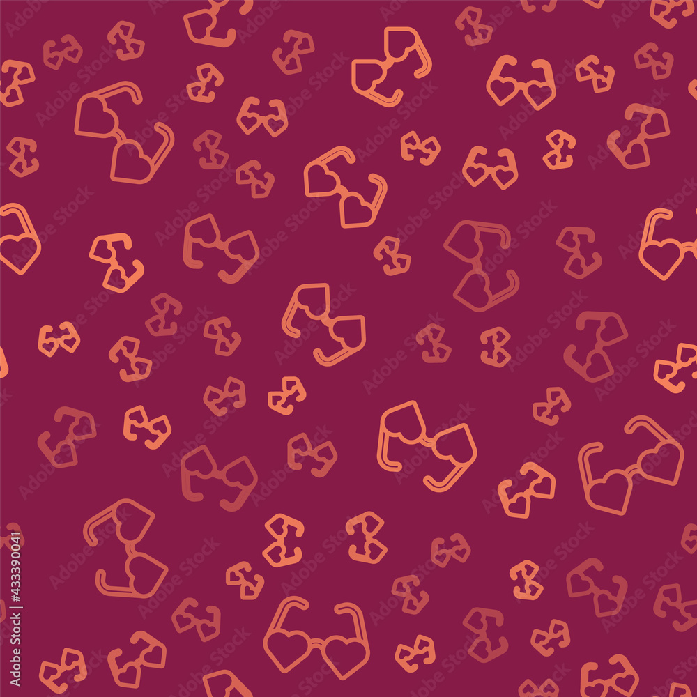 Brown line Heart shaped love glasses icon isolated seamless pattern on red background. Suitable for 