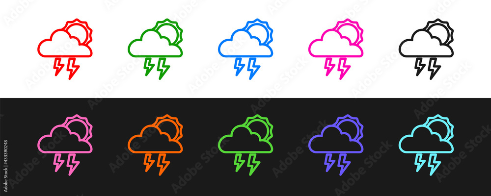 设置风暴图标隔离在黑白背景上。带闪电和太阳标志的云。Weath