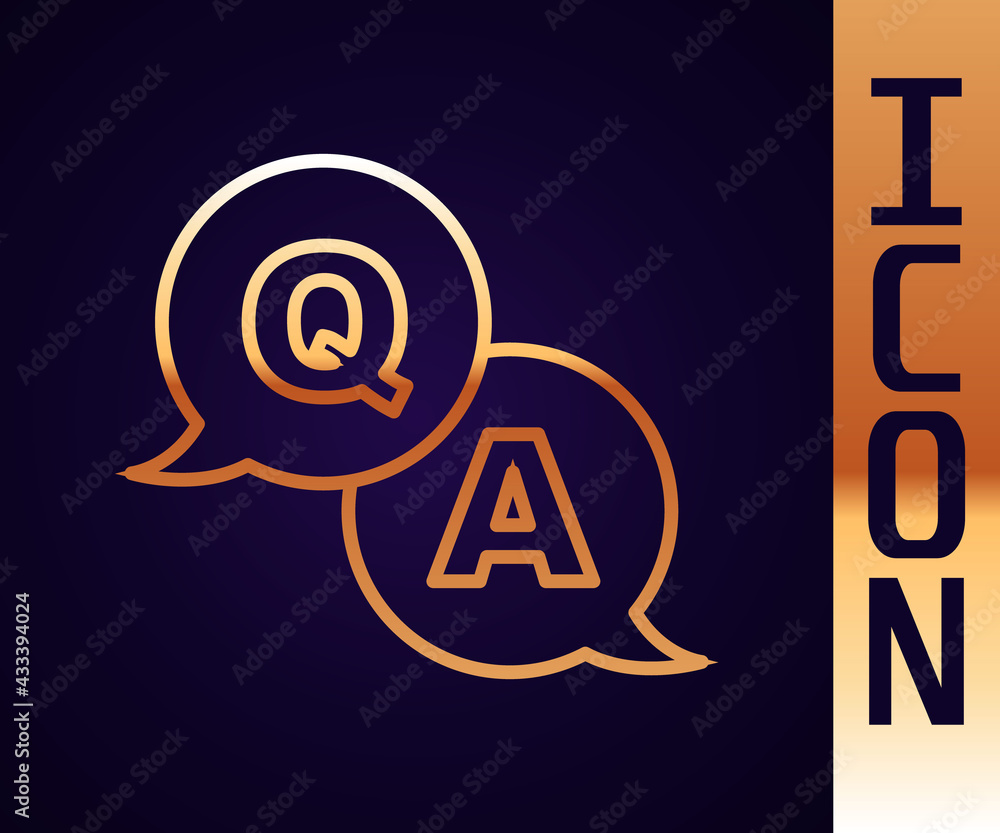 Gold line Speech bubbles with Question and Answer icon isolated on black background. Q and A symbol.