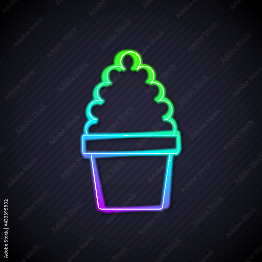 Glowing neon line Cactus peyote in pot icon isolated on black background. Plant growing in a pot. Po