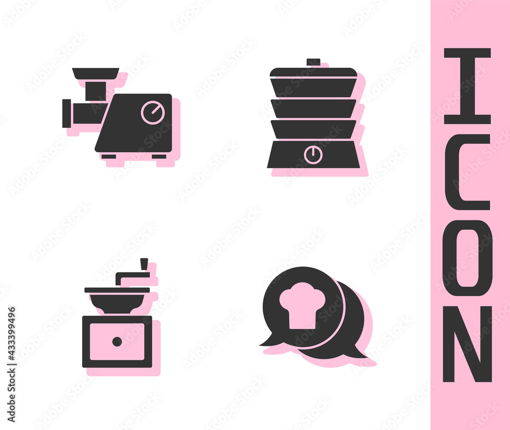 Set Chef hat in speech bubble, Kitchen meat grinder, Manual coffee and Slow cooker icon. Vector