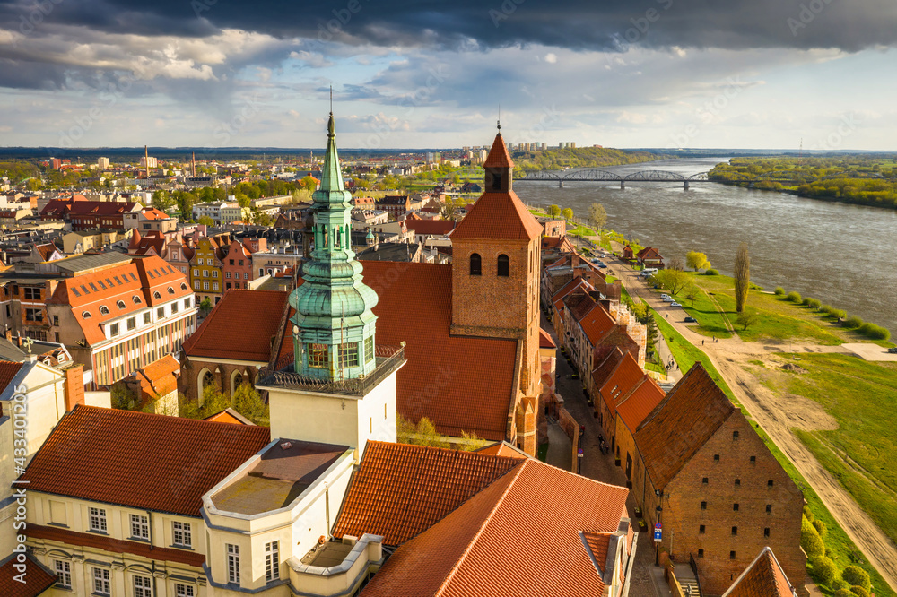 Grudziądz city over the Vistula River in the afternoon sun. Poland