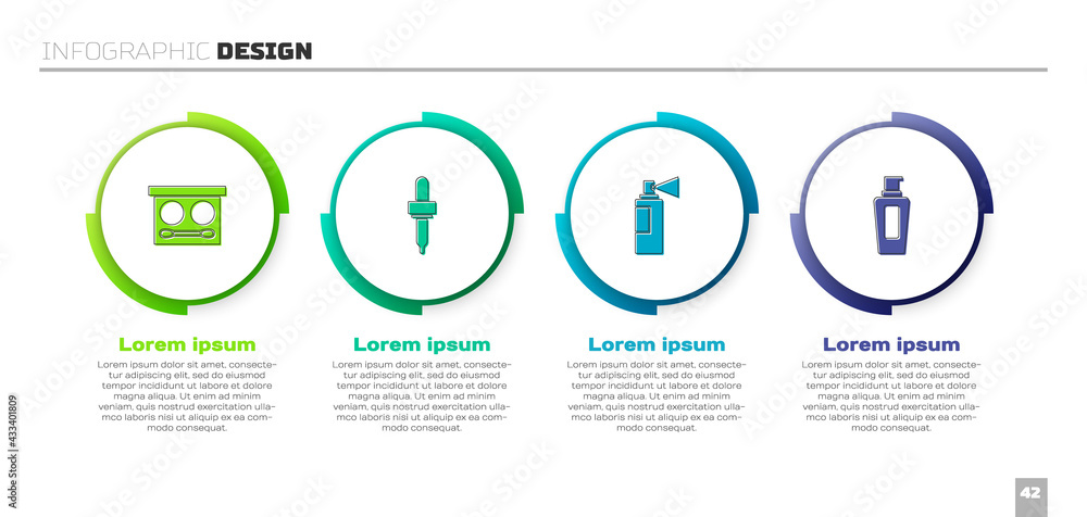 设置眼影调色板、吸管、香水和洗发水瓶。商业信息图形模板。Vecto
