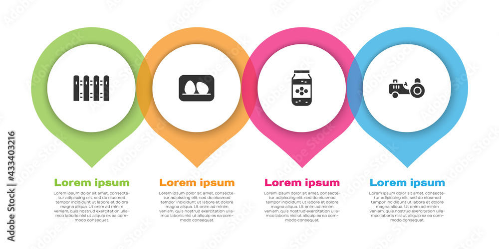 Set Garden fence wooden, Chicken egg, Jar of honey and Tractor. Business infographic template. Vecto