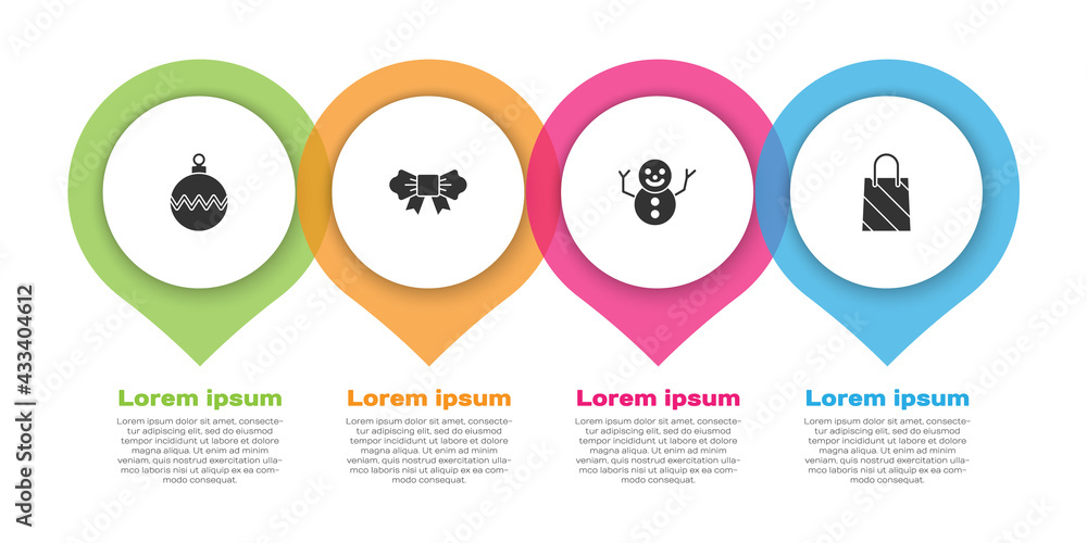 设置圣诞球、蝴蝶结、雪人和购物袋。商业信息图模板。矢量
