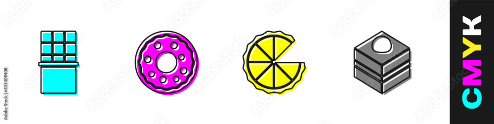 Set Chocolate bar, Donut, Homemade pie and Brownie chocolate cake icon. Vector