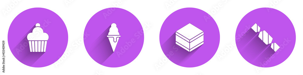 Set Cake, Ice cream in waffle cone, Brownie chocolate cake and Candy icon with long shadow. Vector