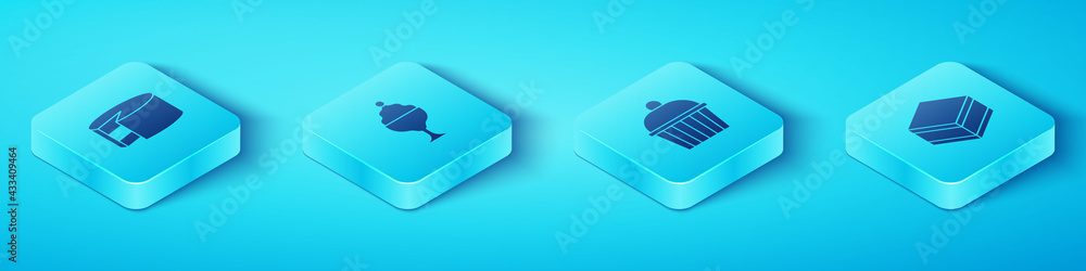 Set Isometric Cake, Ice cream in bowl, Brownie chocolate cake and icon. Vector