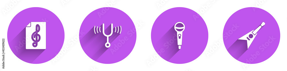 Set Treble clef, Musical tuning fork, Microphone and Electric bass guitar icon with long shadow. Vec