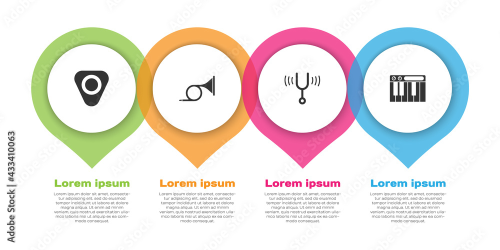 设置吉他拨片、小号、音乐音叉和合成器。商业信息图模板。矢量