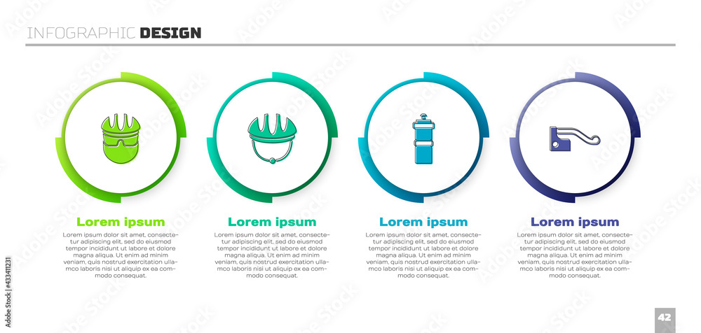 设置自行车头盔、带水和刹车的运动瓶。商业信息图模板。矢量