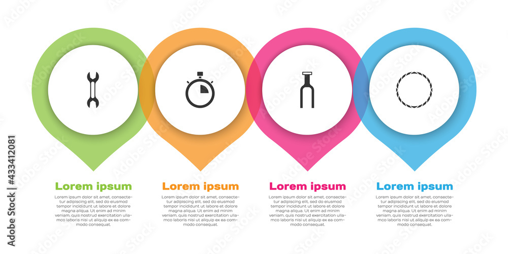 套装扳手，秒表，自行车叉和轮子。商业信息图模板。矢量