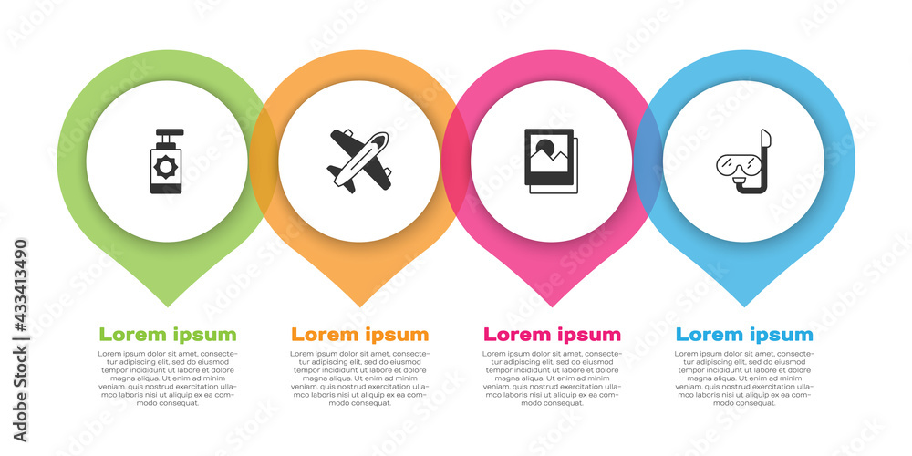 设置防晒喷雾瓶、飞机、摄影和潜水面罩和通气管。商业信息图模板。