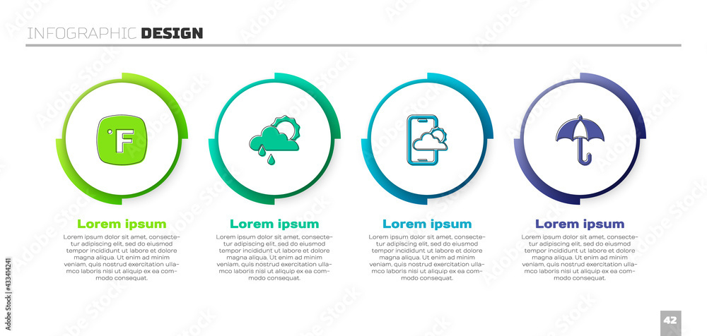 Set Fahrenheit, Cloud with rain and sun, Weather forecast and Umbrella. Business infographic templat