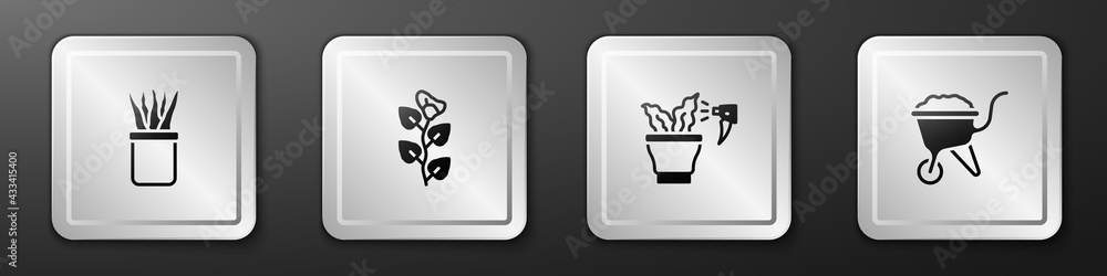 Set Plant in pot, Ivy branch, Spraying plant and Wheelbarrow with dirt icon. Silver square button. V