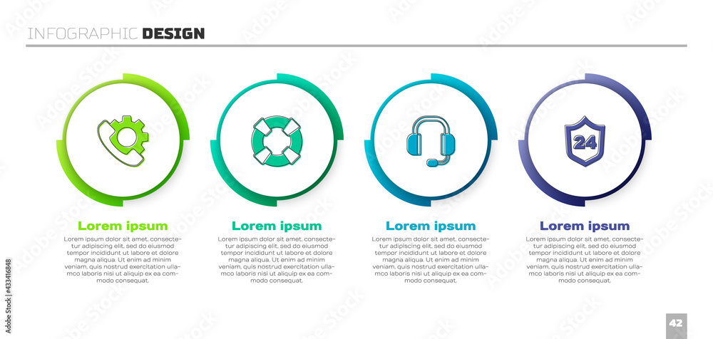 Set Telephone 24 hours support, Lifebuoy, Headphones and . Business infographic template. Vector