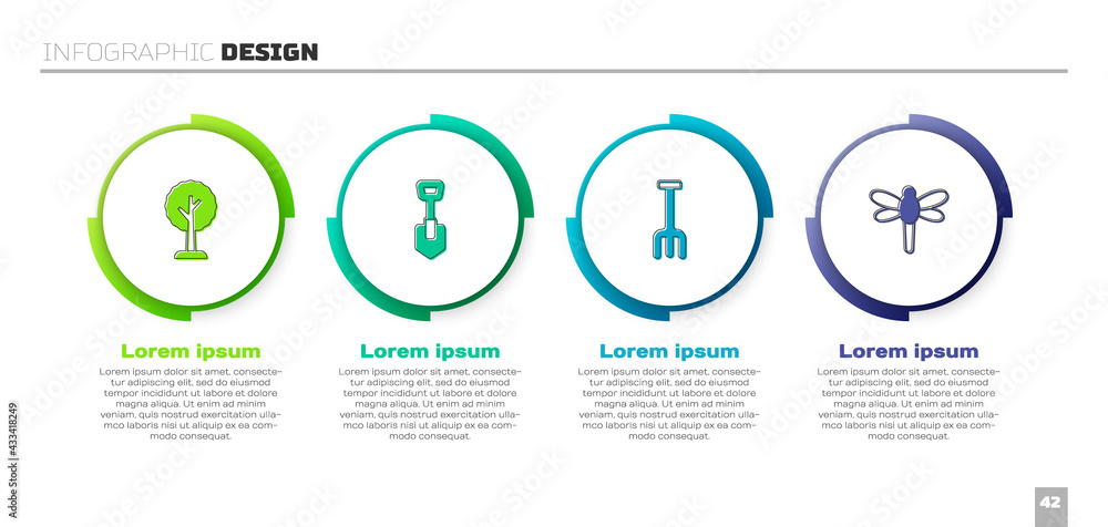 设置森林、铲子、花园耙子和蜻蜓。商业信息图模板。矢量
