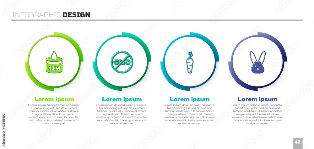 设置有机化妆品，无转基因，胡萝卜和动物虐待免费。商业信息图模板。矢量
