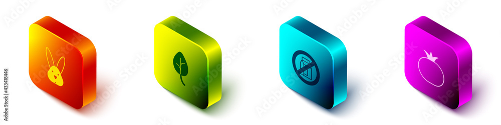 Set Isometric Animal cruelty free, Leaf or leaves, No pack of milk and Tomato icon. Vector