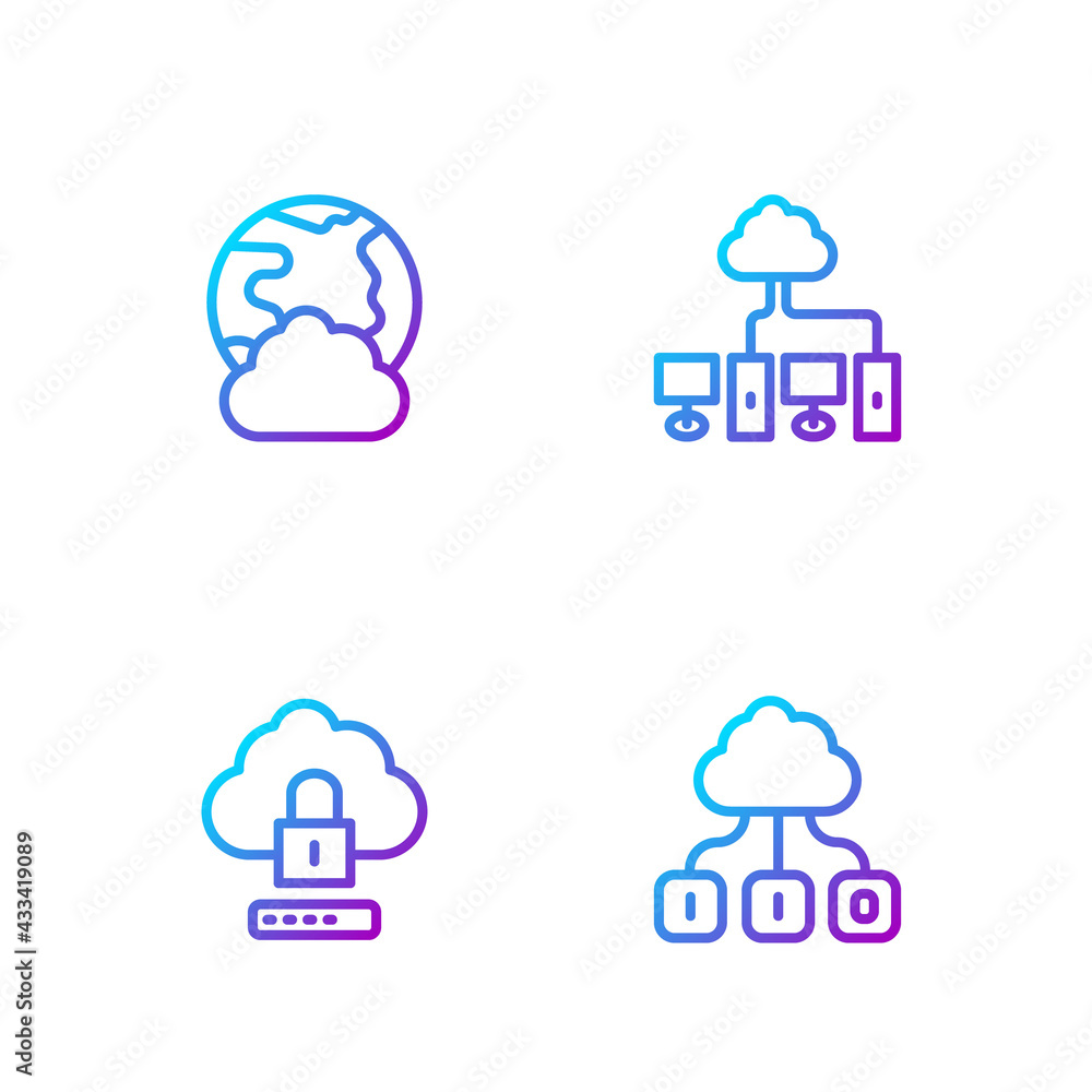 Set line Cloud technology data transfer, computing lock, Social network and Computer. Gradient color