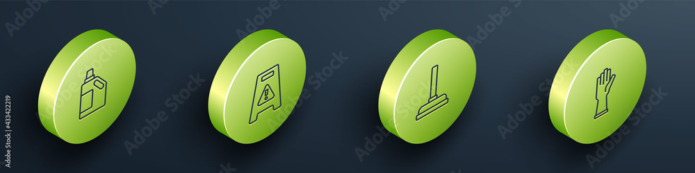 Set Isometric line Bottle for cleaning agent, Wet floor, Rubber plunger and gloves icon. Vector