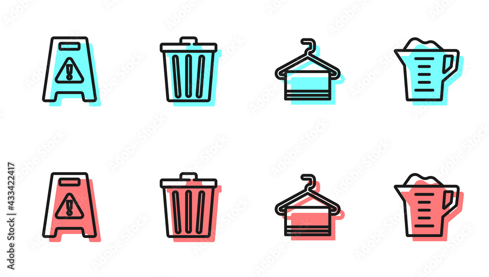 Set line Towel on hanger, Wet floor, Trash can and Washing powder icon. Vector