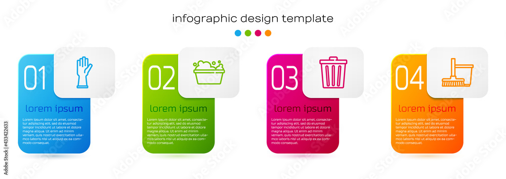 Set line Rubber gloves, Basin with soap suds, Trash can and Mop and bucket. Business infographic tem