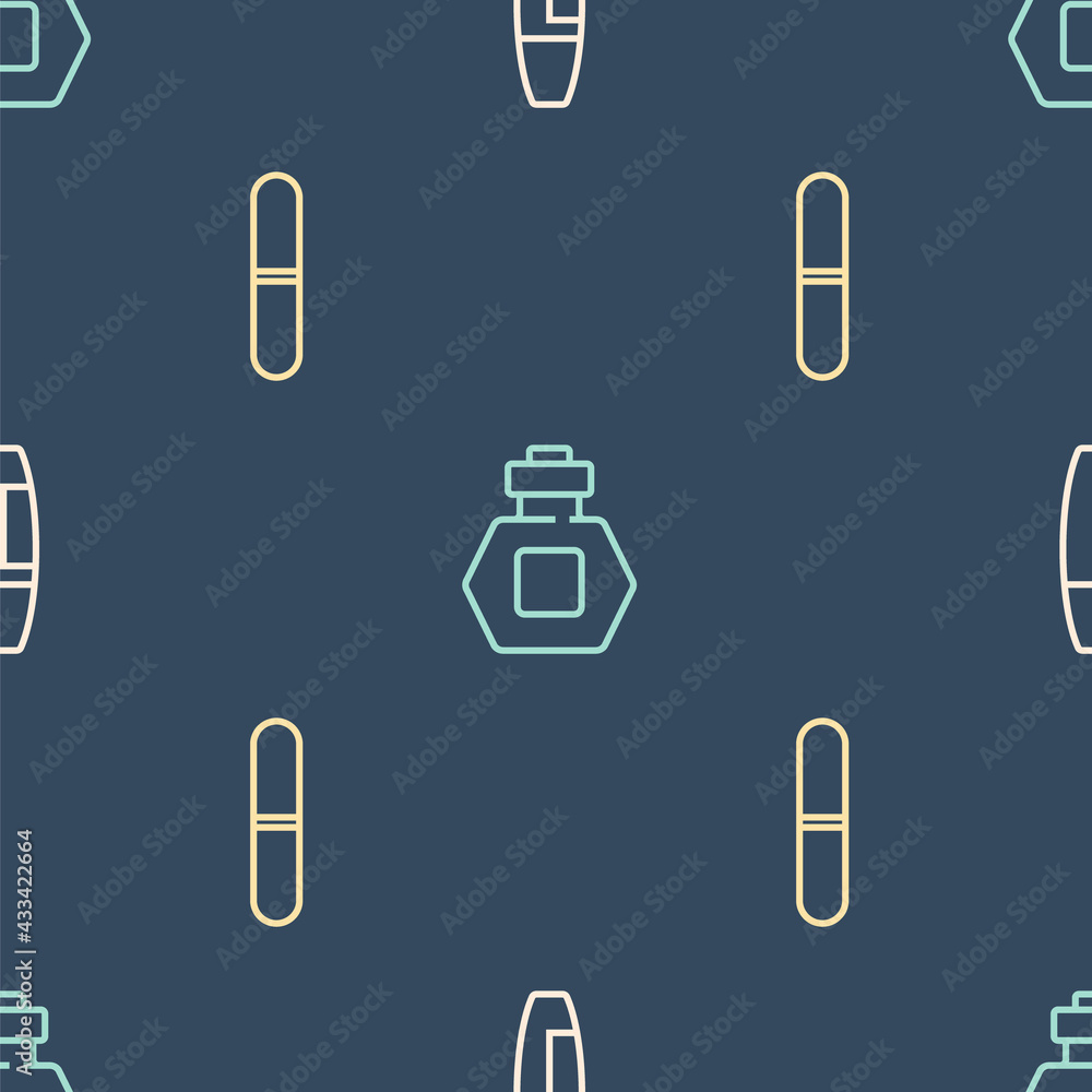 Set line Mascara brush, Nail file and Perfume on seamless pattern. Vector