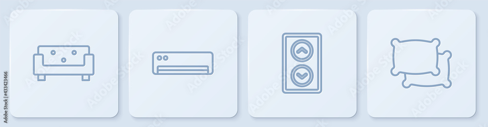 套装沙发、电梯、空调和枕头。白色方形按钮。矢量