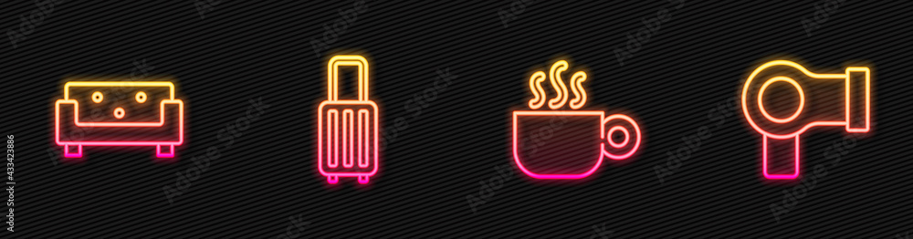 Set line Coffee cup, Sofa, Suitcase and Hair dryer. Glowing neon icon. Vector