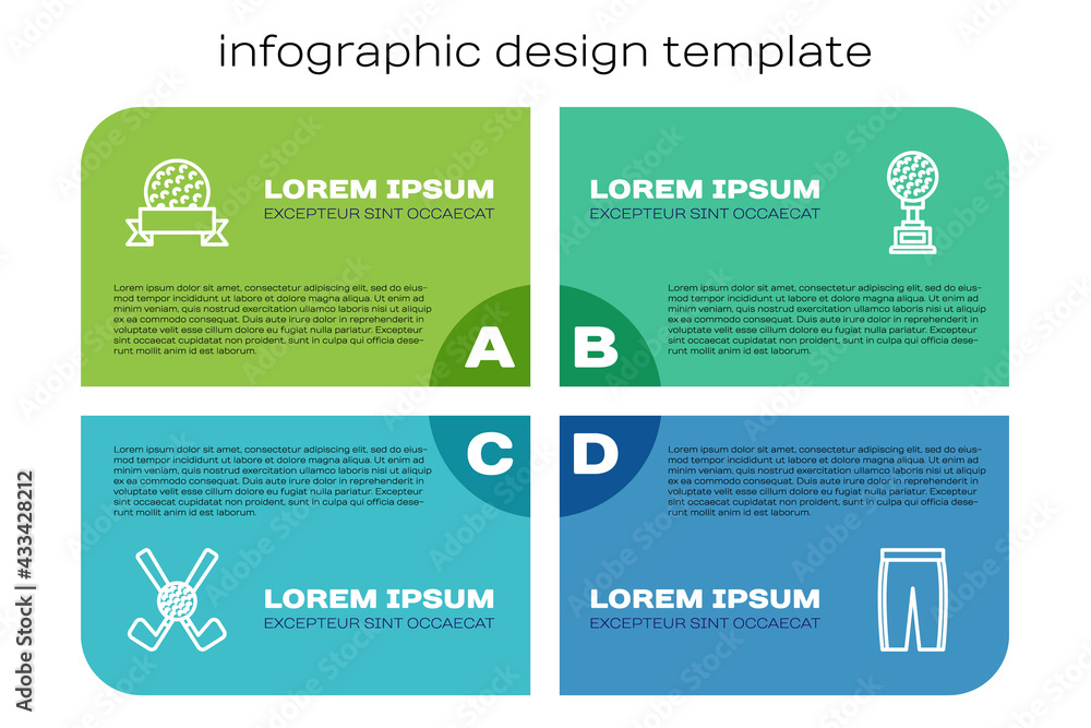 Set line Crossed golf club with ball, Golf, pants and Award cup. Business infographic template. Vect