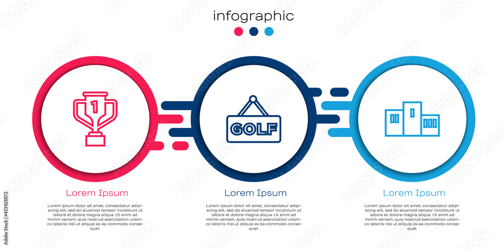 带高尔夫、高尔夫标签和体育冠军领奖台的Set line Award cup。商业信息图模板