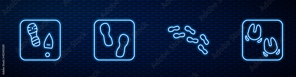 Set line Human footprints shoes, , and Wild boar paw. Glowing neon icon on brick wall. Vector