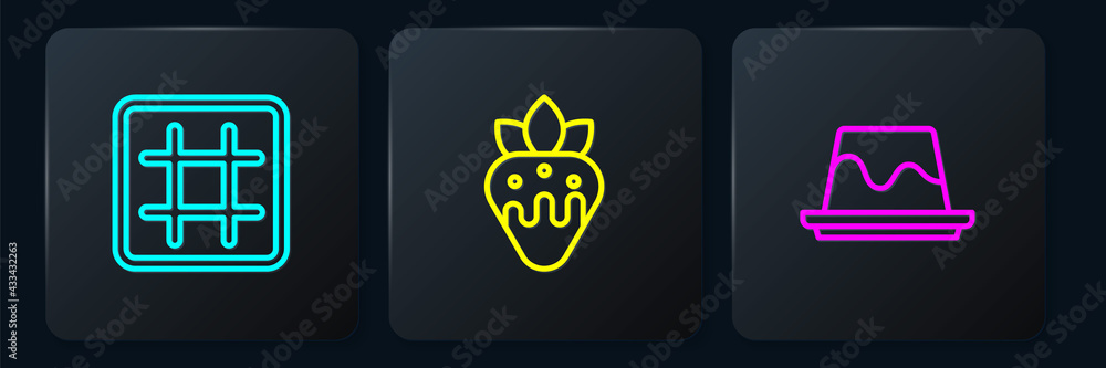 Set line Waffle, Pudding custard and Strawberry chocolate. Black square button. Vector