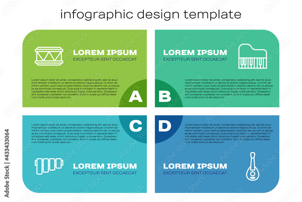 排线盘长笛、鼓、吉他和大钢琴。商业信息图模板。矢量