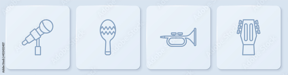 设置线麦克风、小号、马拉加和吉他。白色方形按钮。矢量
