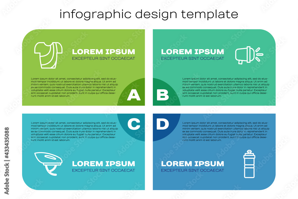 Set line Bicycle helmet, Cycling t-shirt, Sport bottle with water and head lamp. Business infographi